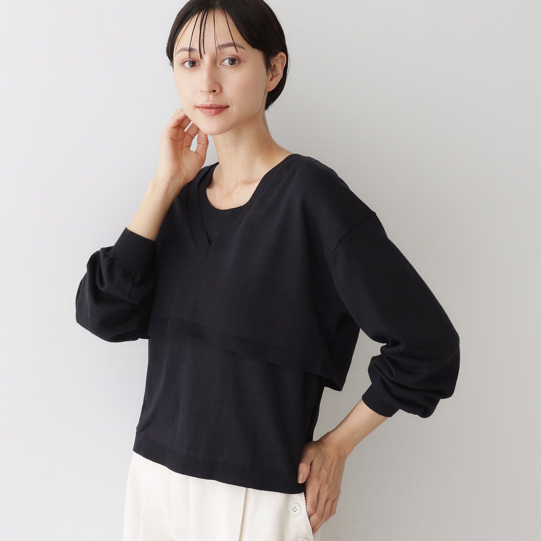 Dessin「【2点セット/3WAY/洗える】ノースリーブインナー付きVネックショート丈ニット」|ニット・セーター|ネイビー(094)