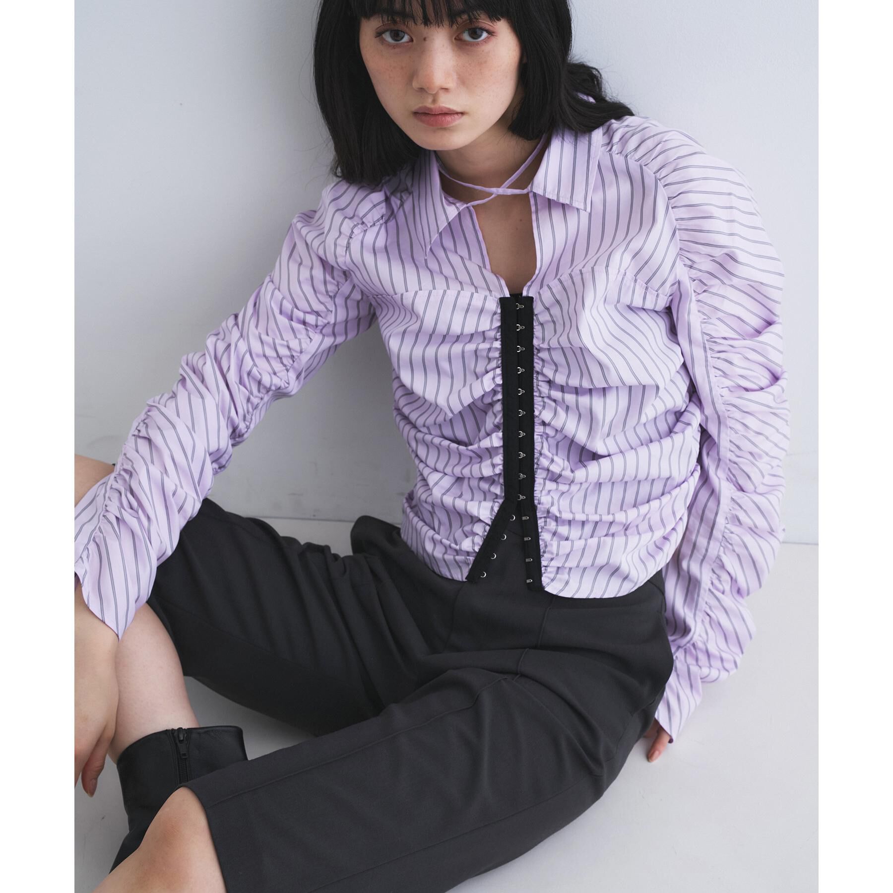 CODE A「stripe gather shirt」|シャツ・ブラウス|ラベンダー(380)
