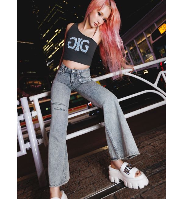 GYDA「ミドルウエストGYDA chainワイドデニムパンツ」|デニム|