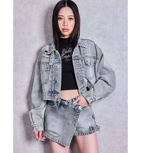GYDA「belt collarダメージショートデニムGジャン」|デニムジャケット|