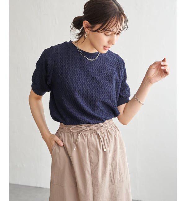 ikka「【雑誌InRed6月号掲載】幾何学柄ジャカード半袖プルオーバー 【親子コーデ】」|Tシャツ・カットソー|ネイビーブルー