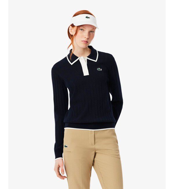 LACOSTE「ハイストレッチ バイカラーポロカラーゴルフニットセーター」|ポロシャツ|ネイビー