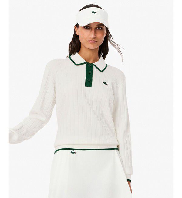LACOSTE「ハイストレッチ バイカラーポロカラーゴルフニットセーター」|ポロシャツ|オフホワイト