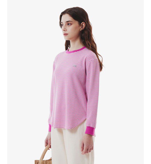 LACOSTE「ラウンドヘム 配色リブカラー ワッフルボーダーロングスリーブTシャツ」|Tシャツ・カットソー|