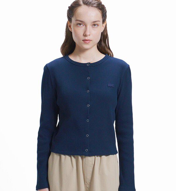 LACOSTE「ショート丈 リブジャージカーディガン」|カーディガン|ネイビー