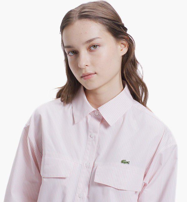 LACOSTE「ダブルポケット クロップド丈 ストライプシャツ」|シャツ・ブラウス|ライトピンク