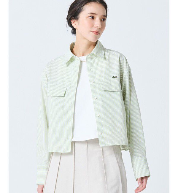 LACOSTE「ダブルポケット クロップド丈 ストライプシャツ」|シャツ・ブラウス|セージグリーン