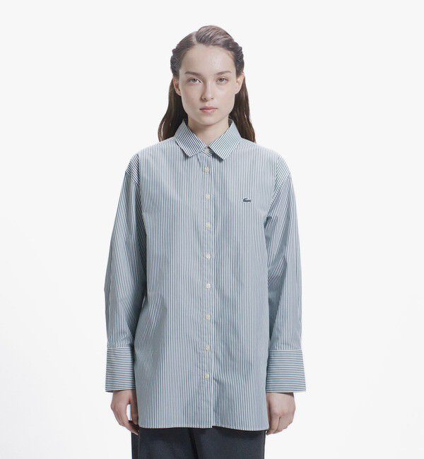 LACOSTE「オーバーサイズ ストライプロングシャツ」|シャツ・ブラウス|ダークグリーン