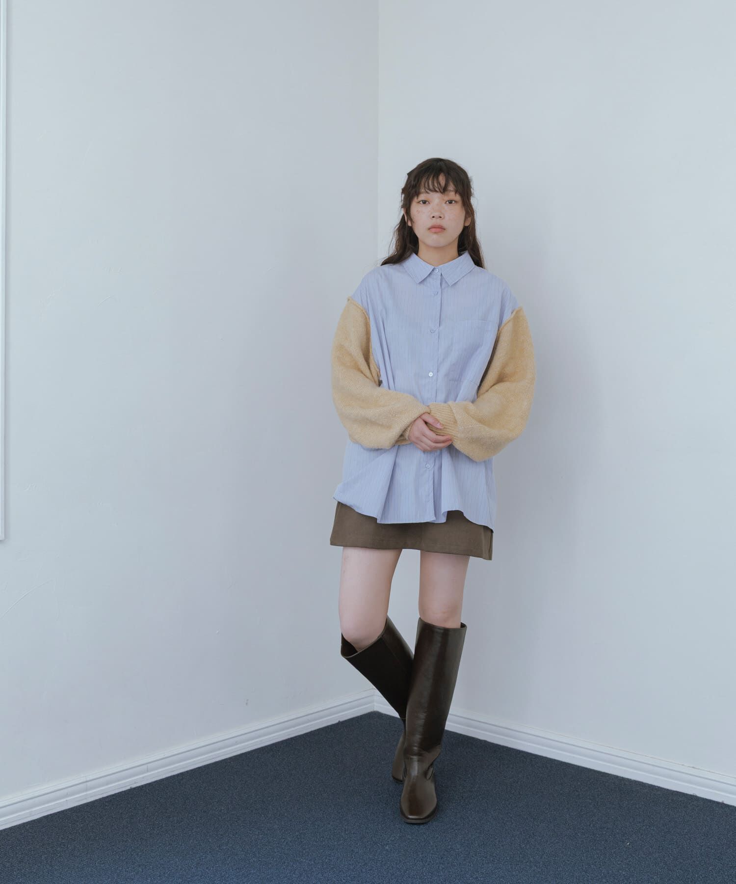  「ニットスリーブストライプシャツ」|シャツ・ブラウス|