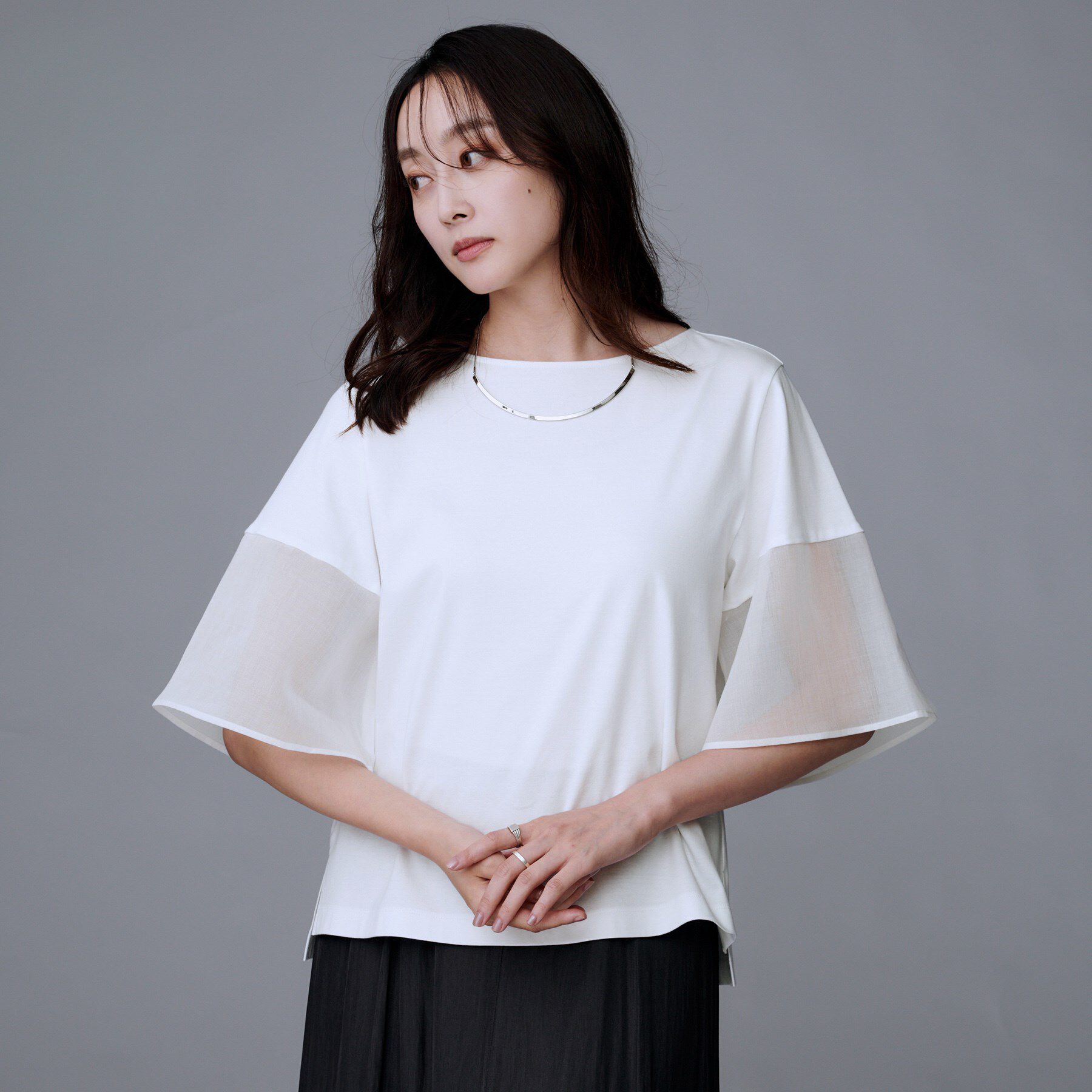 UNTITLED「【洗える/五分袖】シアースリーブ プルオーバー」|Tシャツ・カットソー|オフホワイト(003