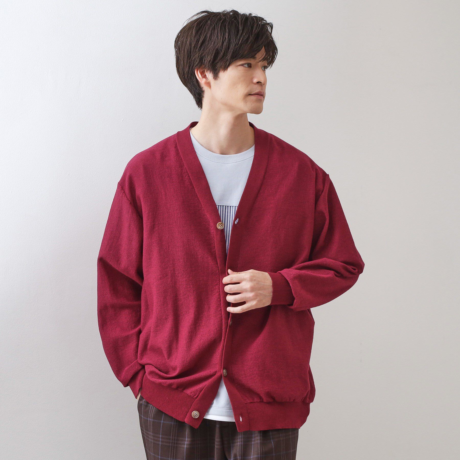 THE SHOP TK「【季節の変わり目に活躍】ニットカーディガン 選べる2デザイン(柄&無地)/洗濯機OK」|カーディガン|ボルドー(064)