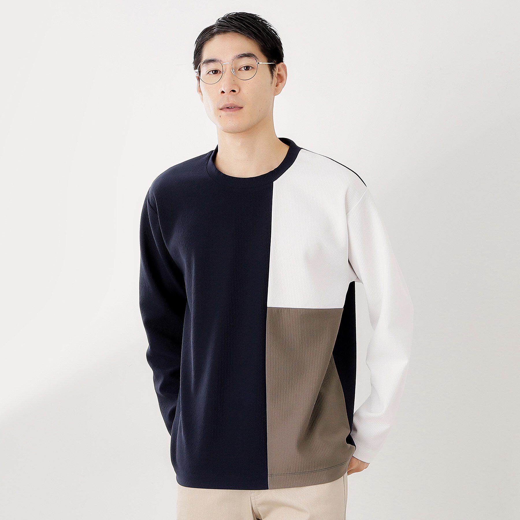 THE SHOP TK「【一枚で着映える】パネルブロッキング長袖Tシャツ 【洗濯機OK】」|Tシャツ・カットソー|ネイビー(594)