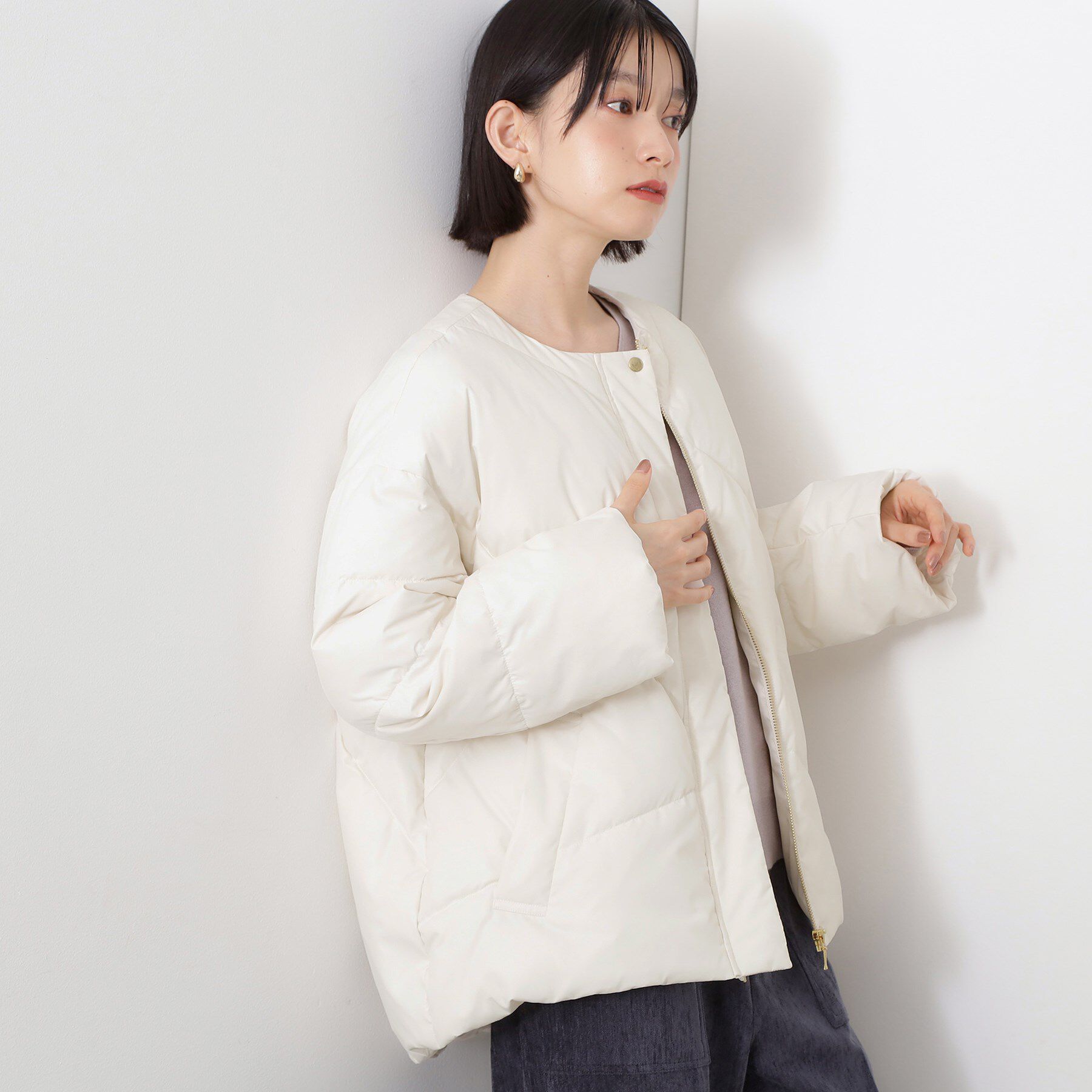 THE SHOP TK「きれいめにもカジュアルにも ノーカラーキルトジャケット」|ダウン|