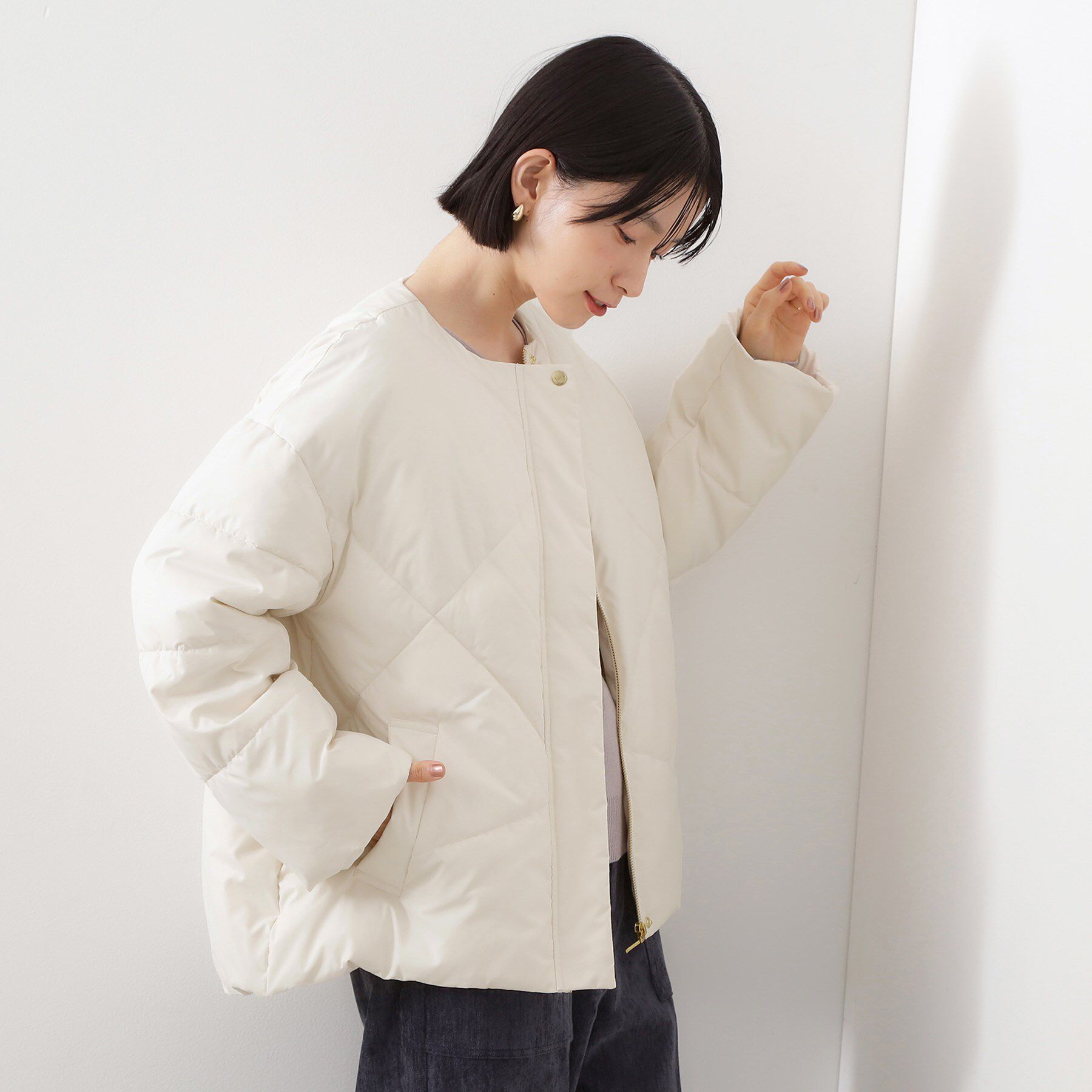THE SHOP TK「きれいめにもカジュアルにも ノーカラーキルトジャケット」|ダウン|