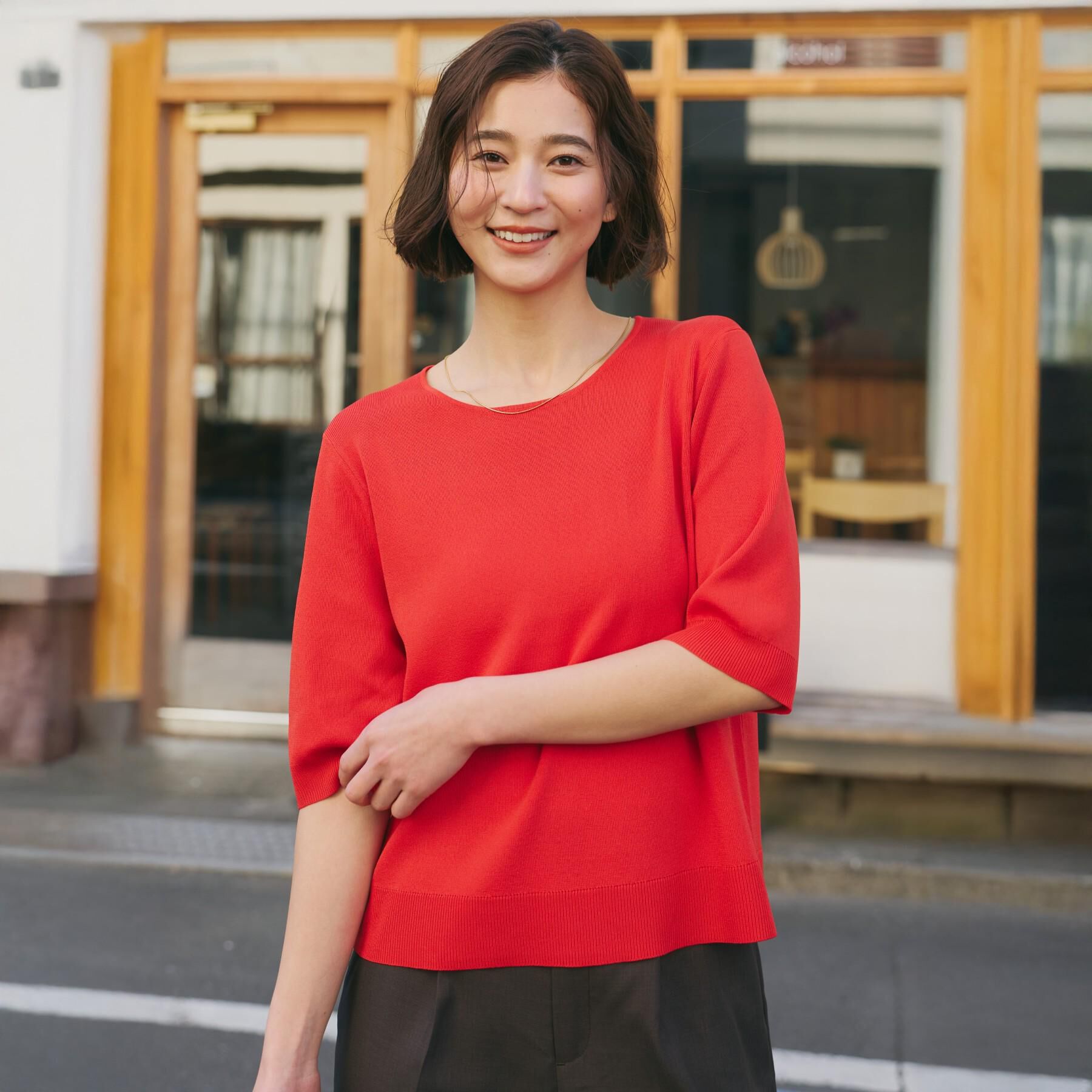 THE SHOP TK「【S-XL/ひんやりタッチ】美しさ際立つ 6分袖ニット 洗濯機OK/UVケア/毛玉になりにくい」|ニット・セーター|