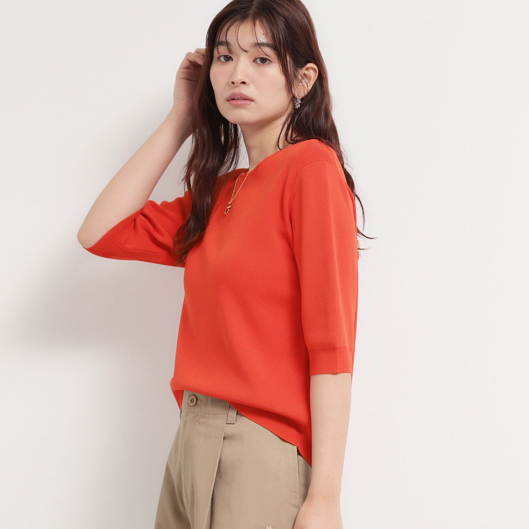 THE SHOP TK「【S-XL/ひんやりタッチ】美しさ際立つ 6分袖ニット 洗濯機OK/UVケア/毛玉になりにくい」|ニット・セーター|