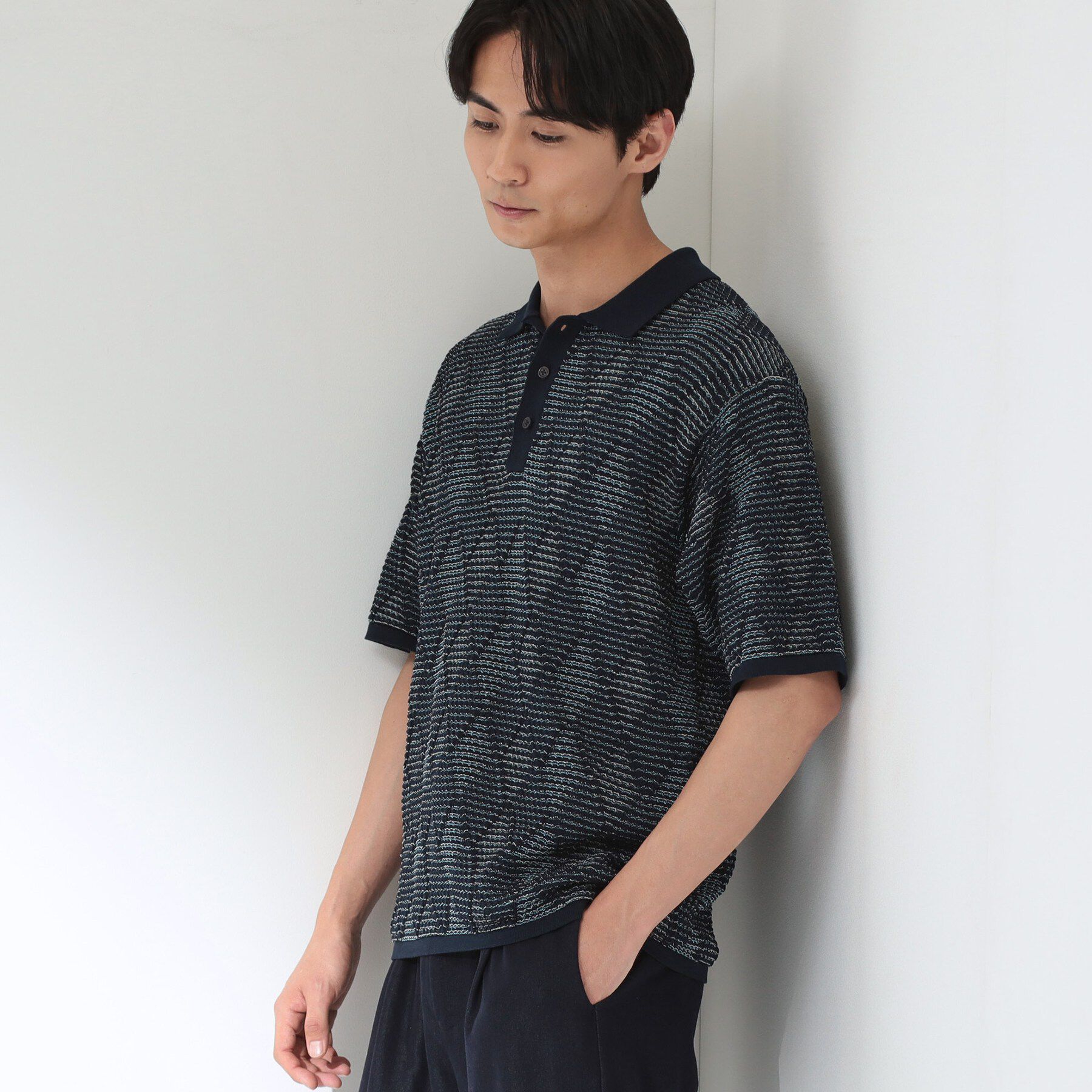 THE SHOP TK「【主張しすぎない配色バランス】アーガイルメッシュポロ半袖Tシャツ 洗濯機OK」|ニット・セーター|