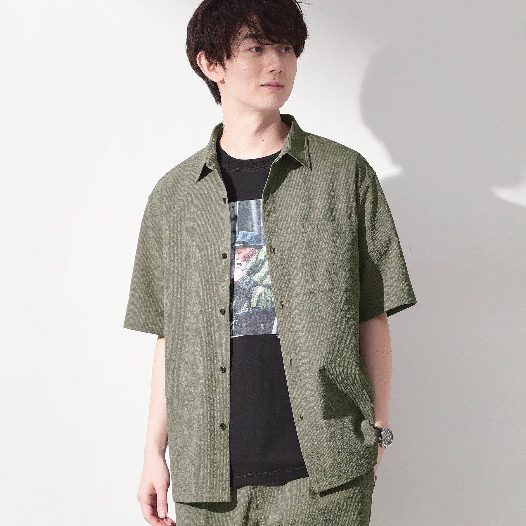 THE SHOP TK「マイクロ シアサッカー 半袖シャツ 洗濯機OK／セットアップ可」|シャツ・ブラウス|チャコールグレー(0