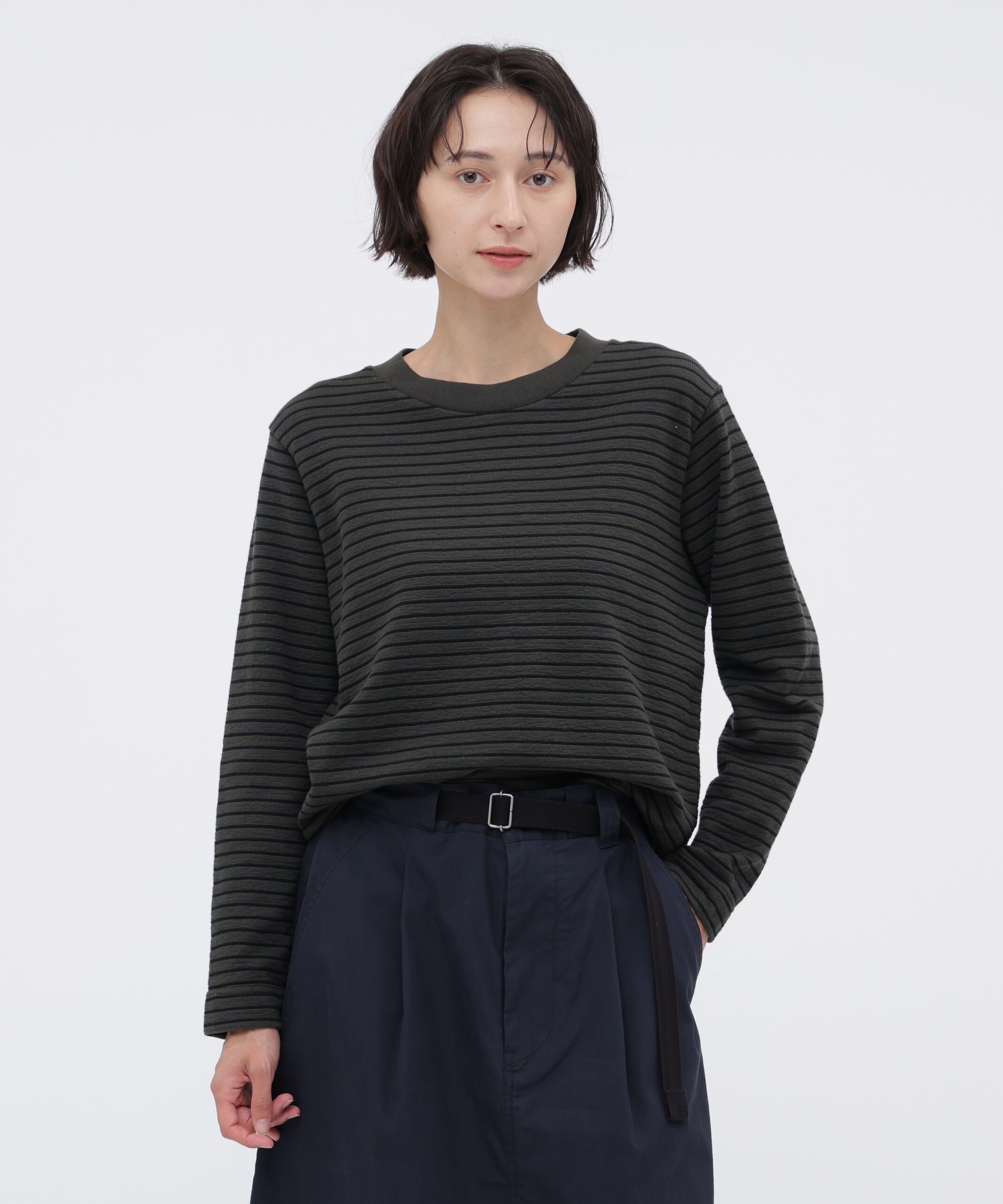 MHL.「TEXTURED COTTON STRIPE TOP」|Tシャツ・カットソー|DARK GREEN3