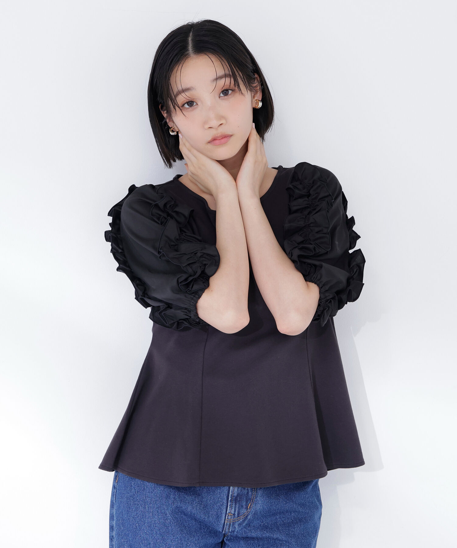  「フリルスリーブドッキングカットソー」|Tシャツ・カットソー|ブラック