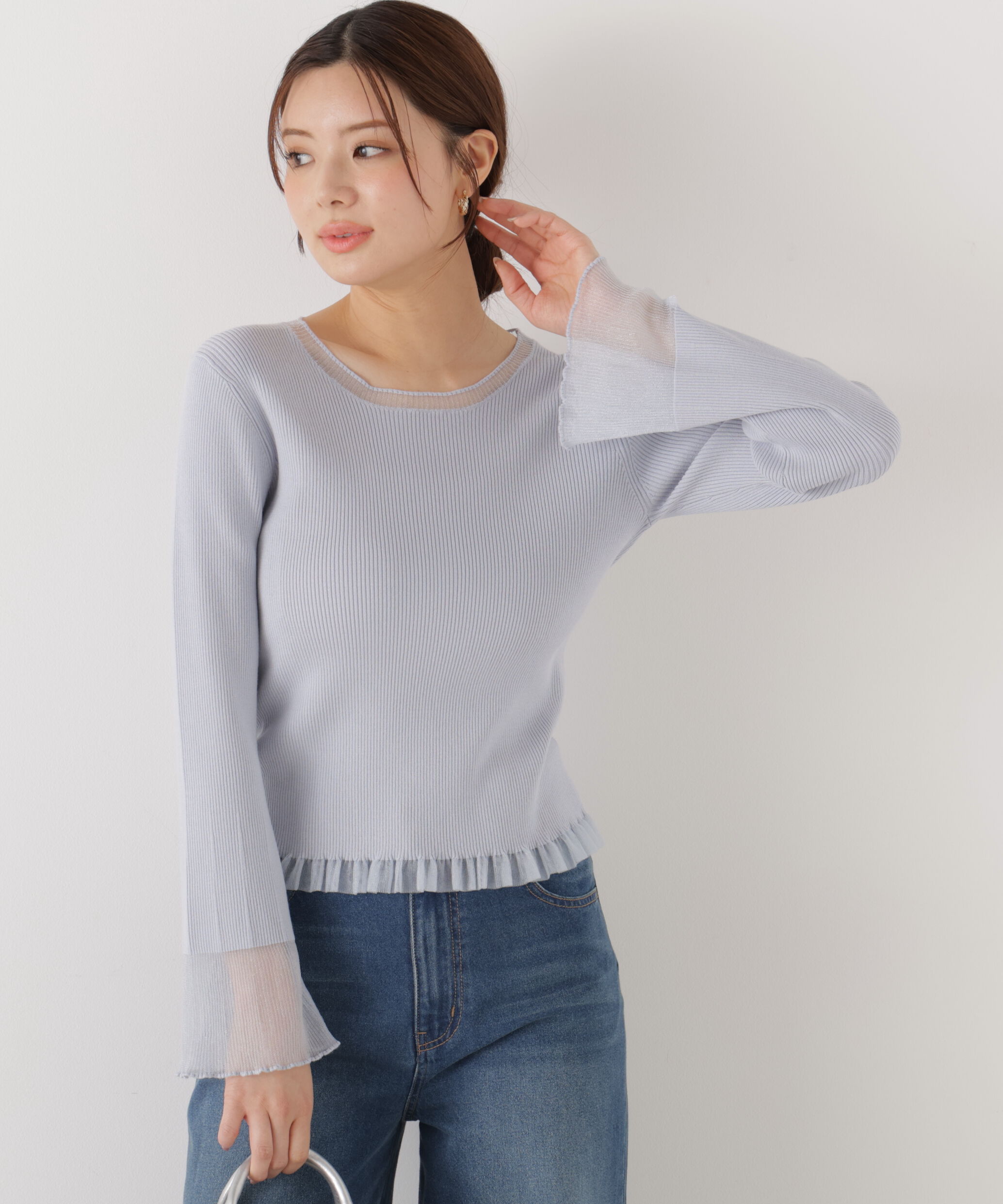 PROPORTION BODY DRESSING「部分シアーフレアスリーブニットトップス　26SS」|ニット・セーター|ブルー