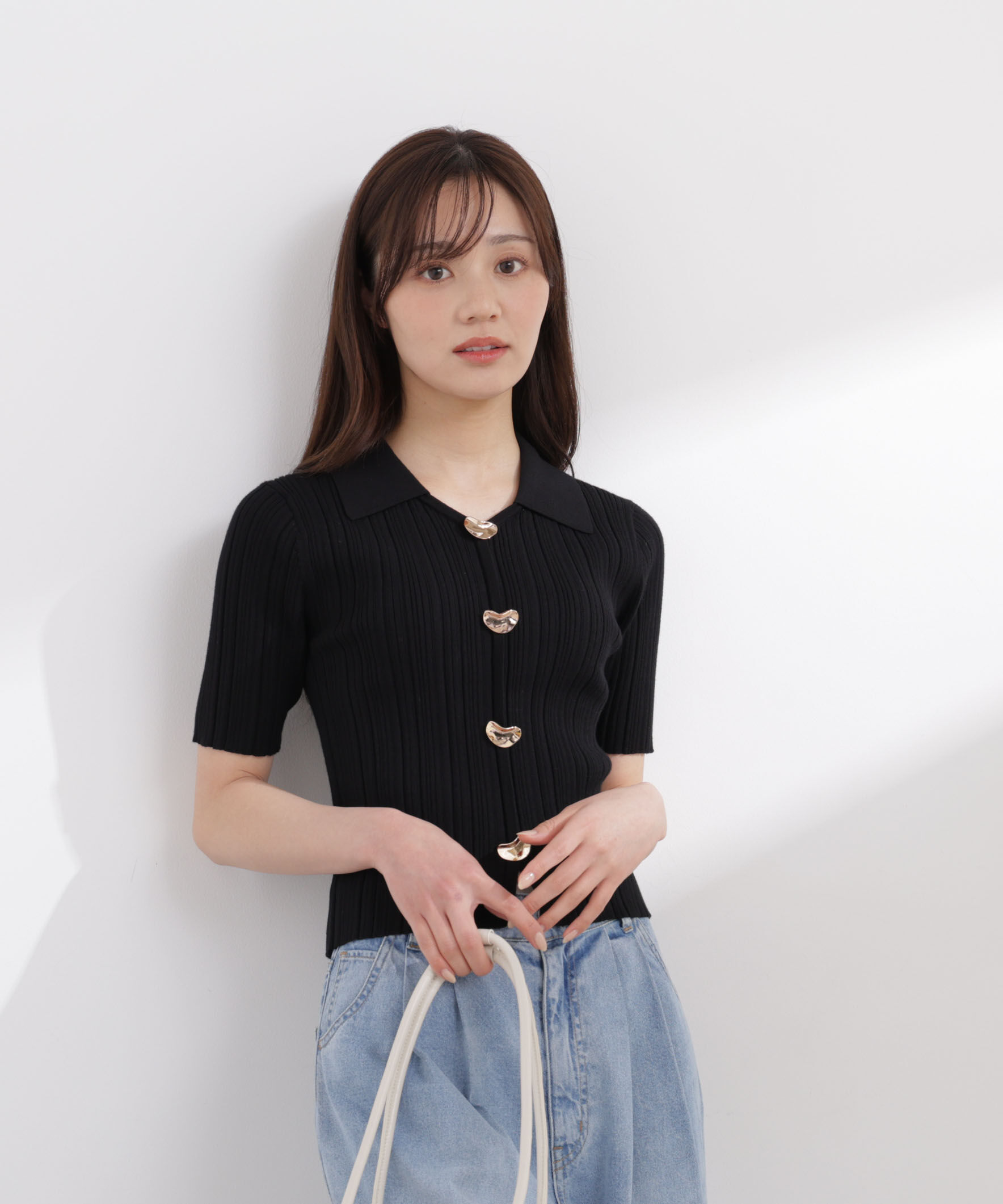 PROPORTION BODY DRESSING「衿付きランダムリブニット 26SS」|ニット・セーター|ブラック