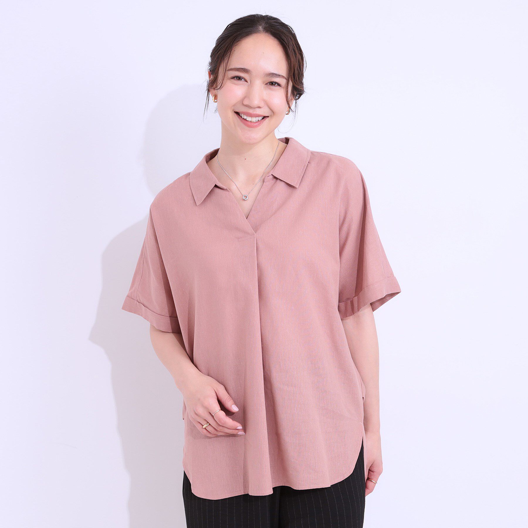 SHOO･LA･RUE「【S-LL/UV/接触冷感/抗菌防臭】体型を自然にカバー フレンチリネンブレンド襟付ドルマンシャツ」|シャツ・ブラウス|