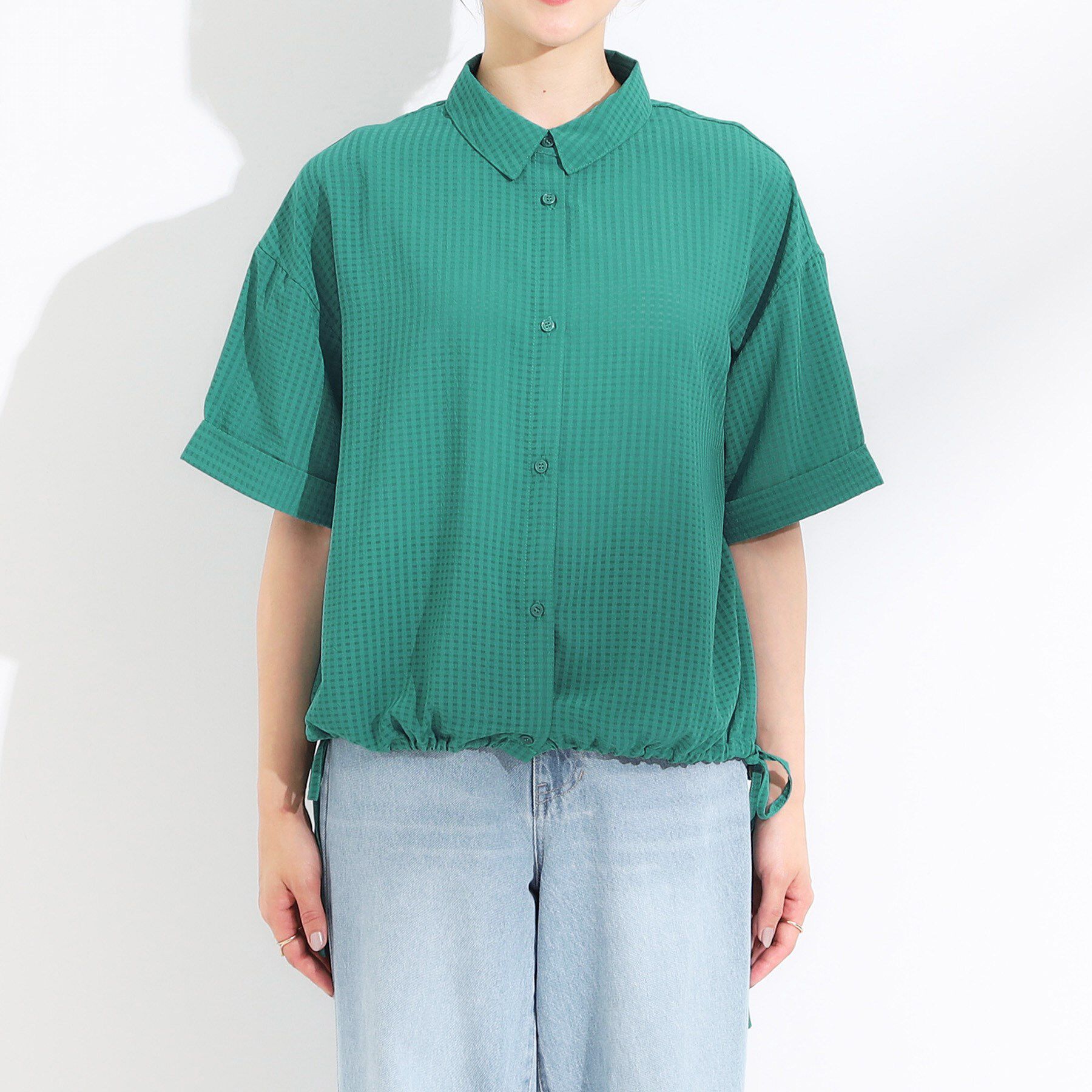 SHOO･LA･RUE「シルエット変化を楽しめる シアーチェックドロストシャツ」|シャツ・ブラウス|