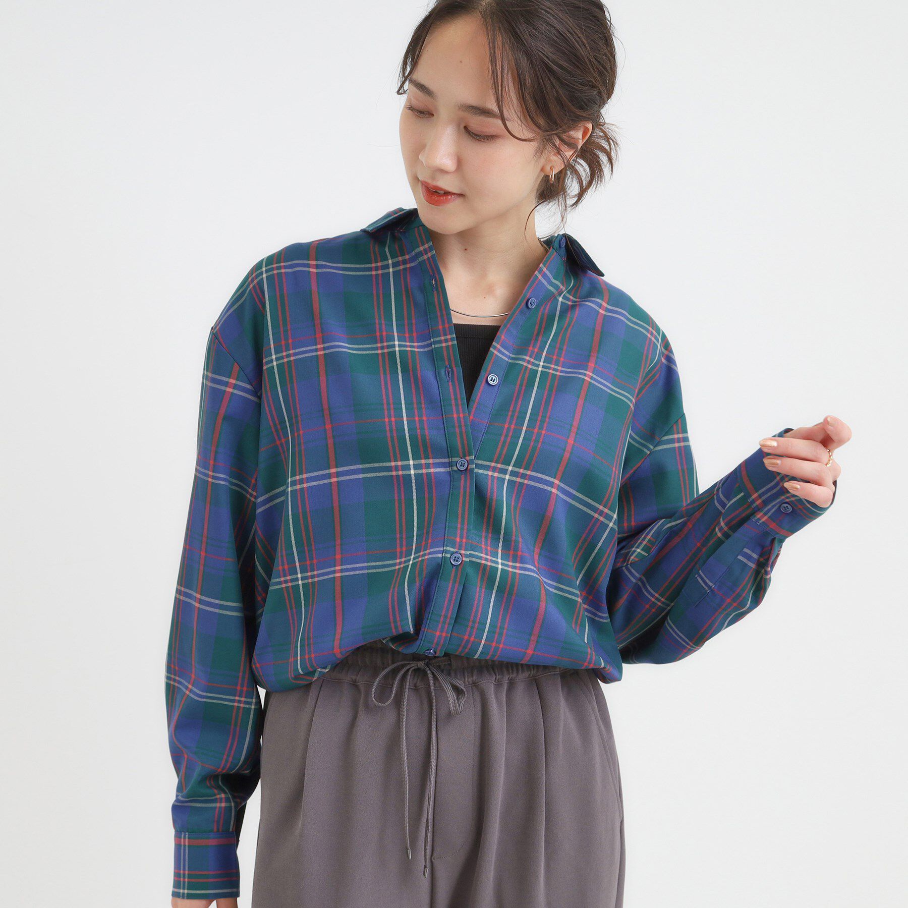 SHOO･LA･RUE「【洗濯機可/S-LL】程よい抜け感 大人のチェックシャツ」|シャツ・ブラウス|グリーン(024)