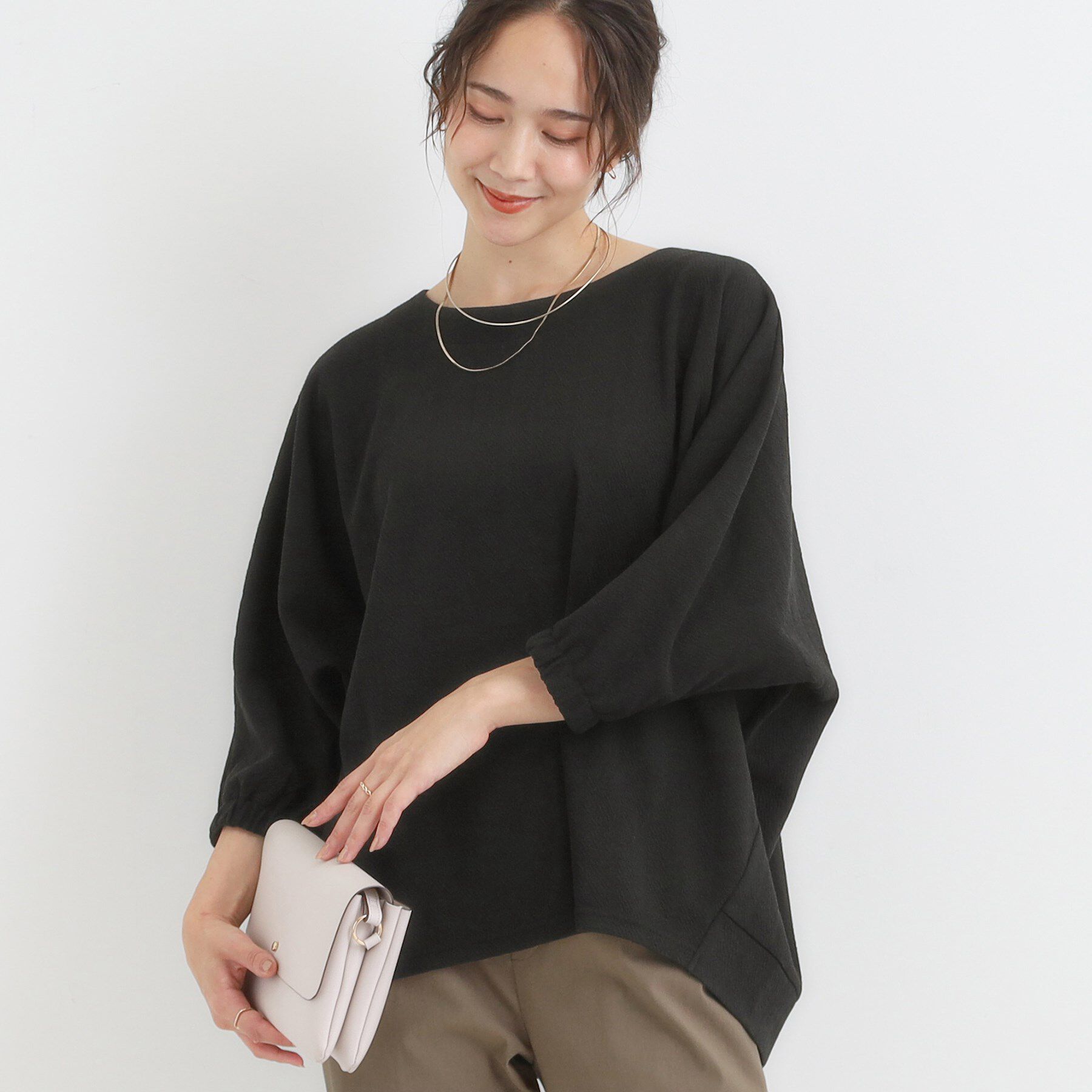 SHOO･LA･RUE「【S-LL/7分袖】ゆるシルエットが心地よい ドルマントップス」|Tシャツ・カットソー|ブラック(019)