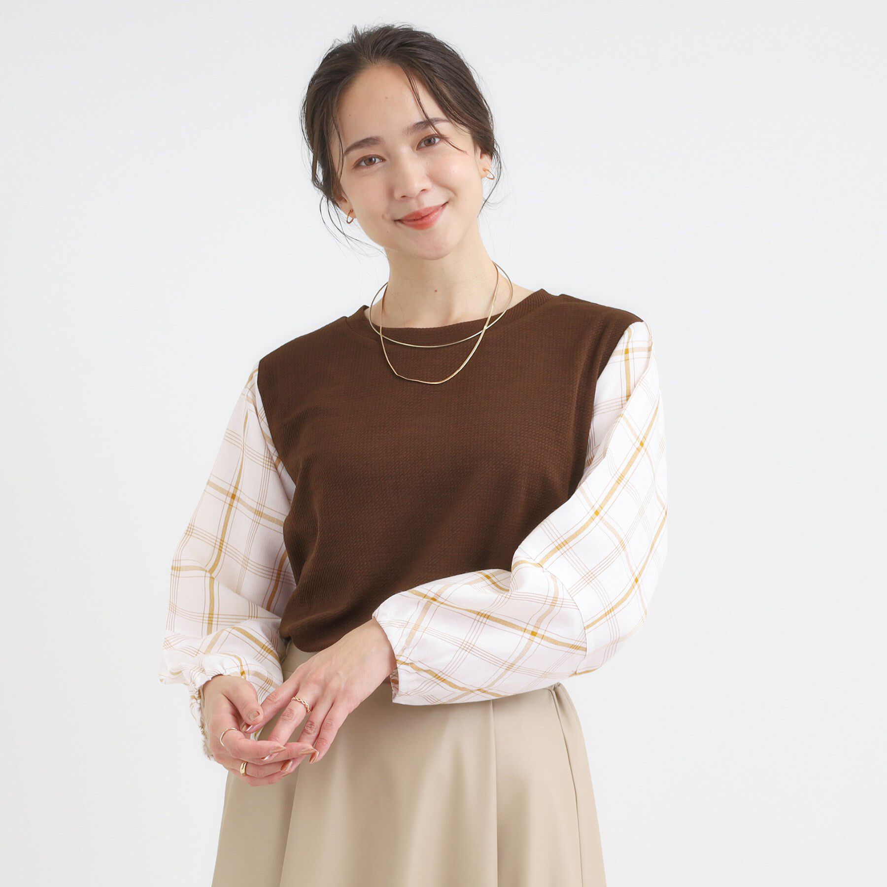 SHOO･LA･RUE「【高レビュー/S-LL】1枚で決まる お袖チェック 異素材使いトップス」|シャツ・ブラウス|