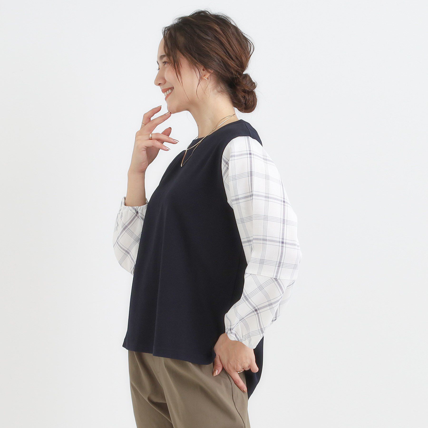 SHOO･LA･RUE「【高レビュー/S-LL】1枚で決まる お袖チェック 異素材使いトップス」|シャツ・ブラウス|