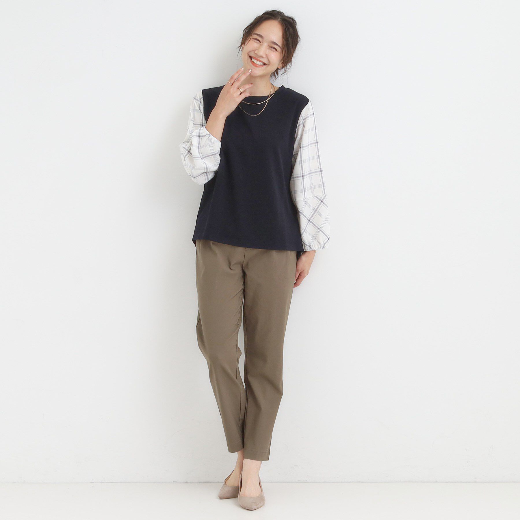 SHOO･LA･RUE「【高レビュー/S-LL】1枚で決まる お袖チェック 異素材使いトップス」|シャツ・ブラウス|