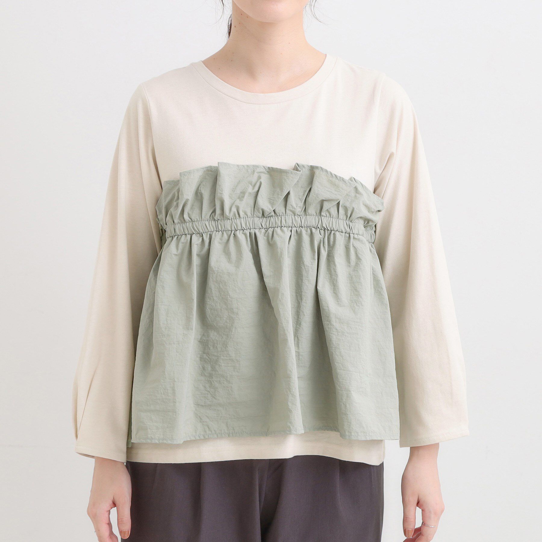 SHOO･LA･RUE「【洗濯機可/S-LL】1枚で華やか フリルドッキングトップス」|Tシャツ・カットソー|