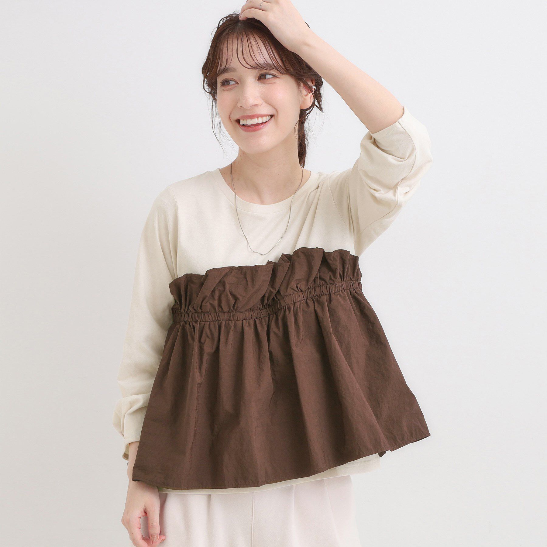 SHOO･LA･RUE「【洗濯機可/S-LL】1枚で華やか フリルドッキングトップス」|Tシャツ・カットソー|