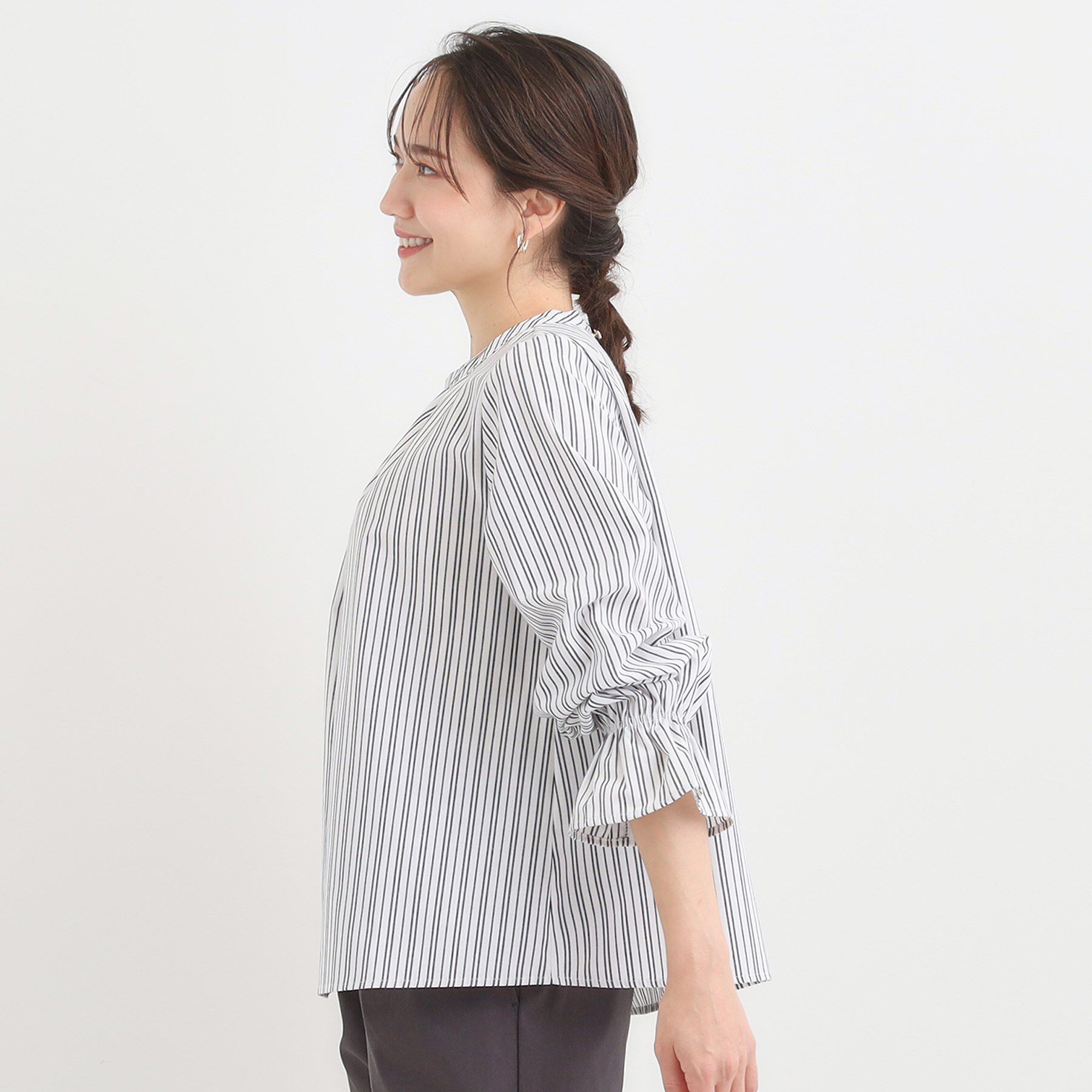SHOO･LA･RUE「【S-LL】キャンディースリーブが女性らしい マルチストライプブラウス」|シャツ・ブラウス|