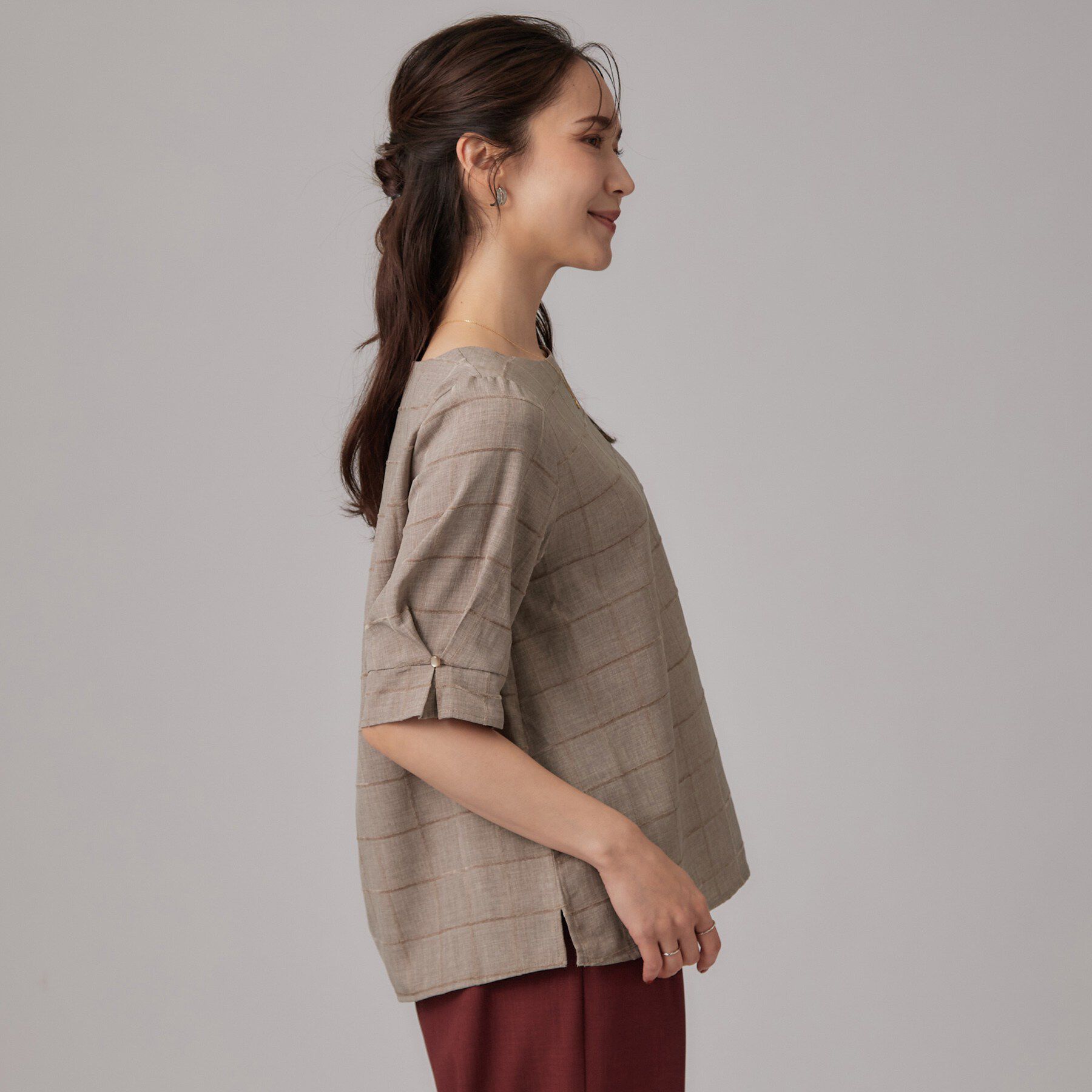 SHOO･LA･RUE「【セットアップ可/S-LL】1枚で秋気分 モールチェックタックスリーブ ブラウス」|シャツ・ブラウス|