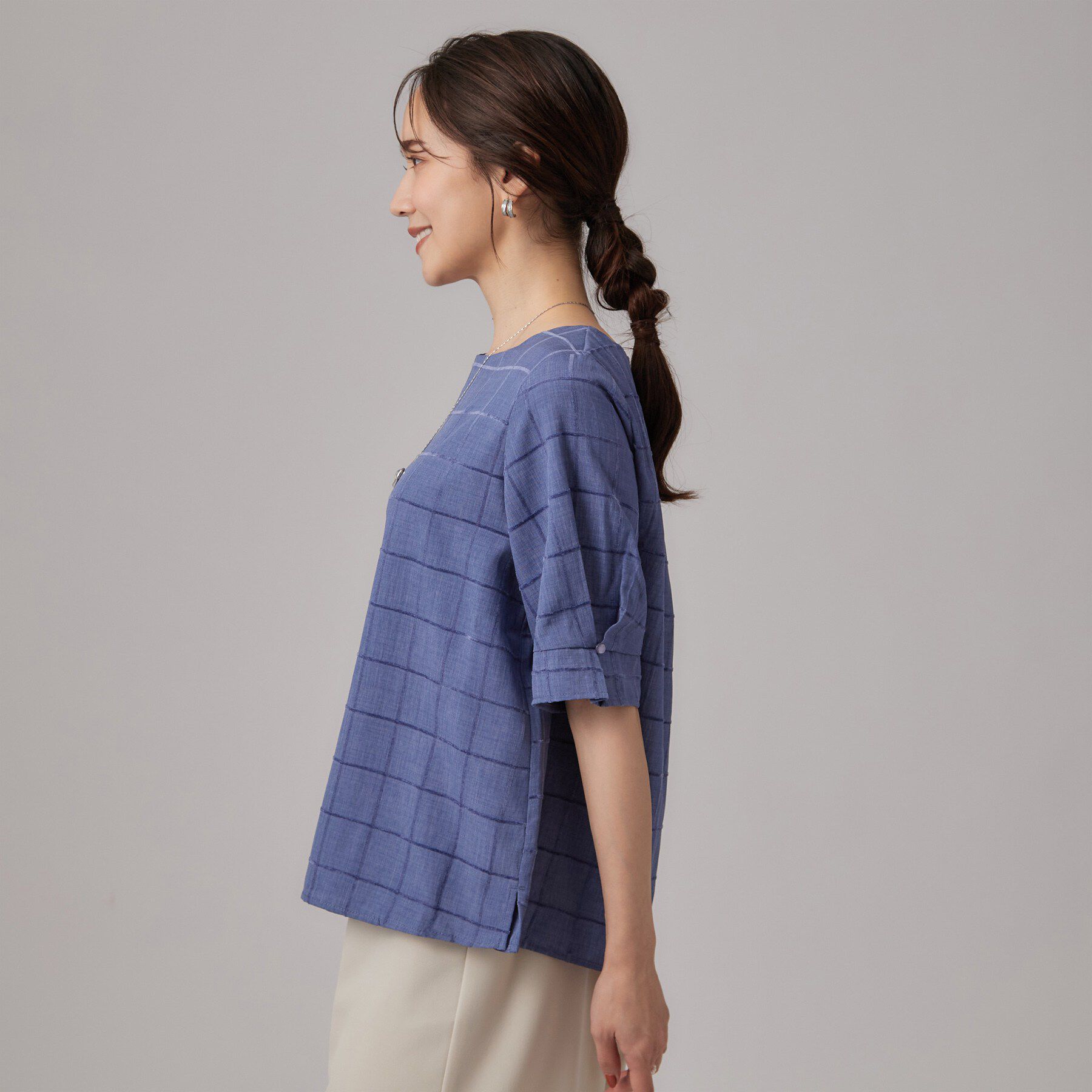 SHOO･LA･RUE「【セットアップ可/S-LL】1枚で秋気分 モールチェックタックスリーブ ブラウス」|シャツ・ブラウス|