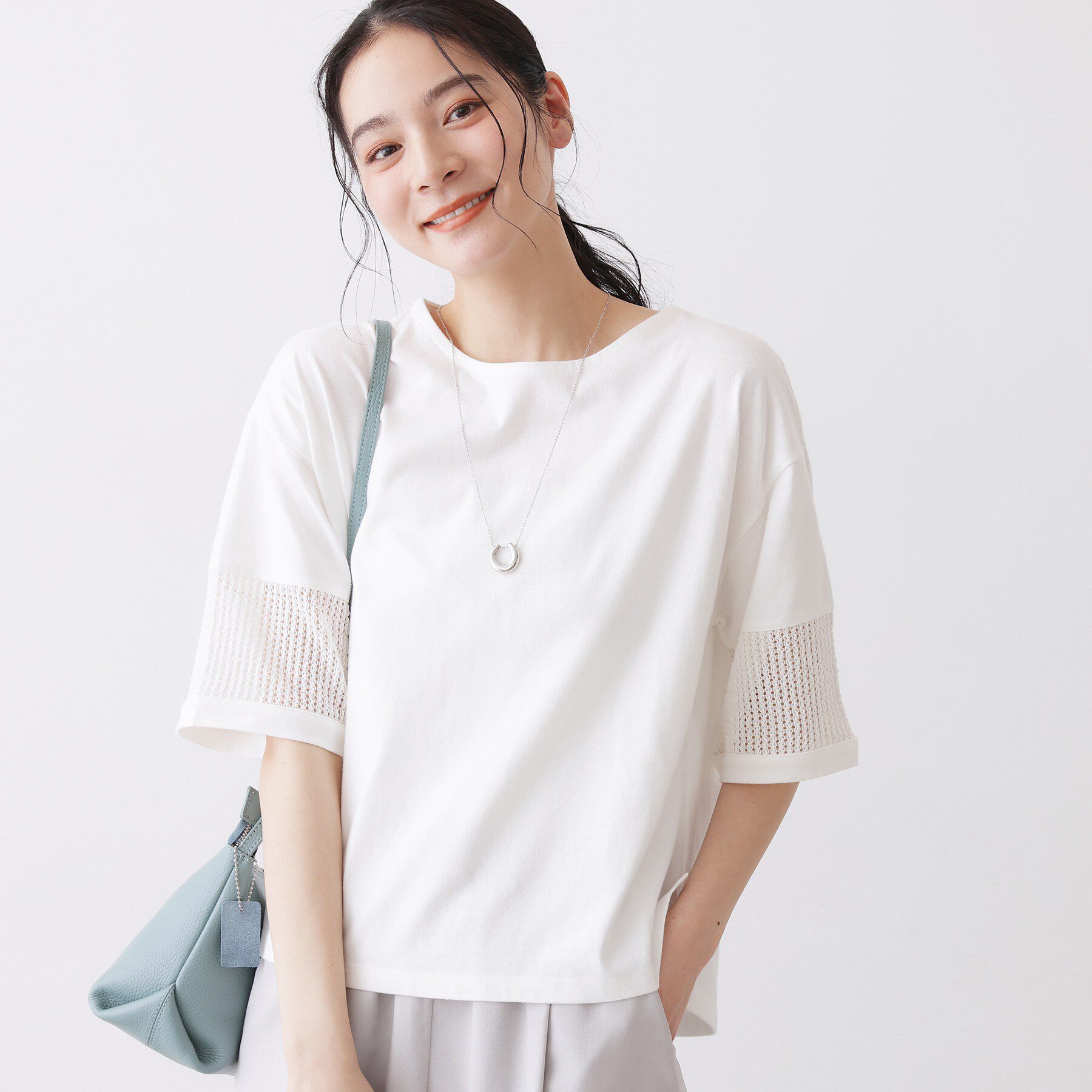 Dessin「【接触冷感】メッシュレーススリーブプルオーバー」|Tシャツ・カットソー|ホワイト(002)