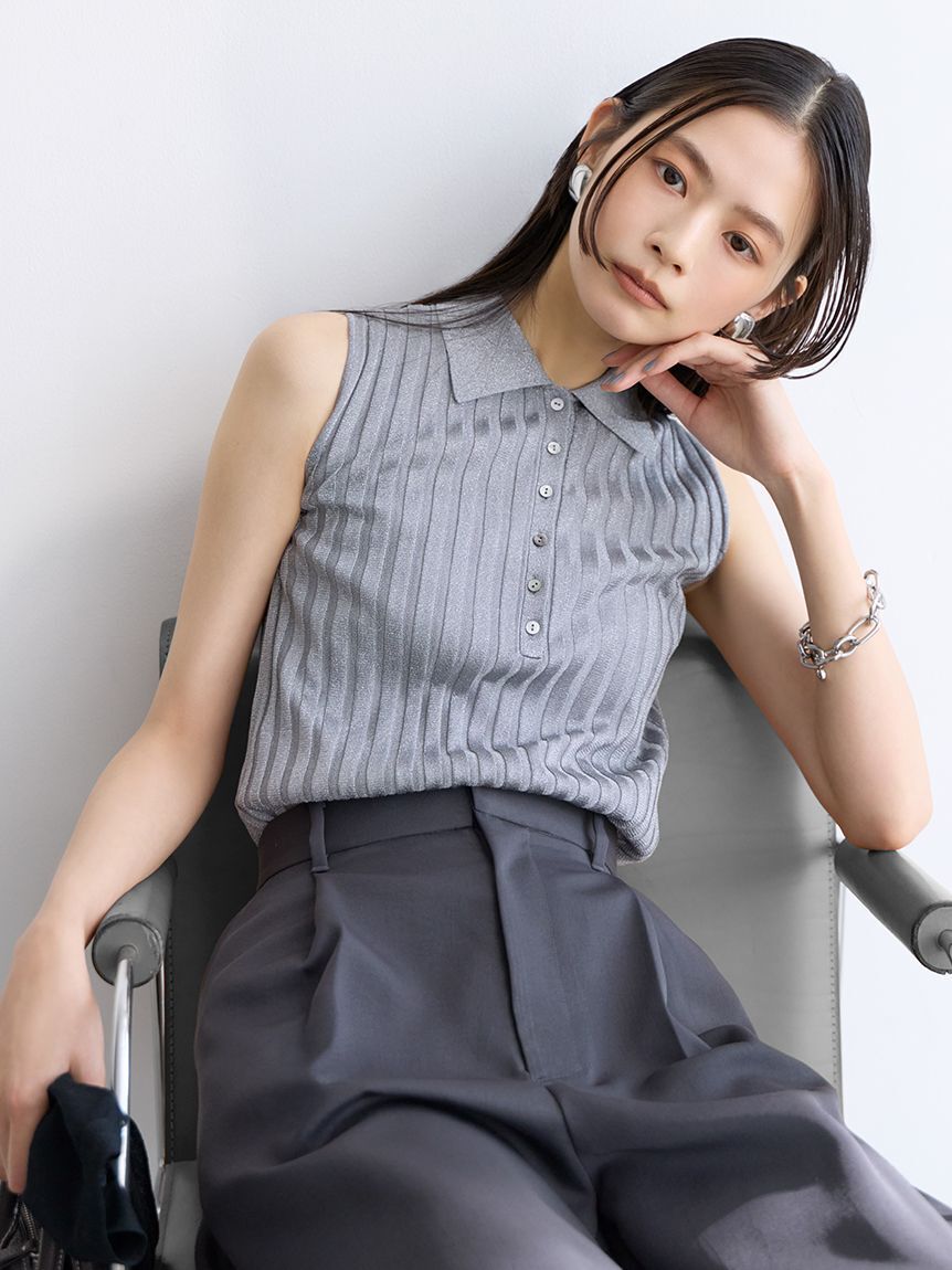 Mila Owen「【ウォッシャブル】シアーラメノースリポロニットプルオーバー」|ポロシャツ|