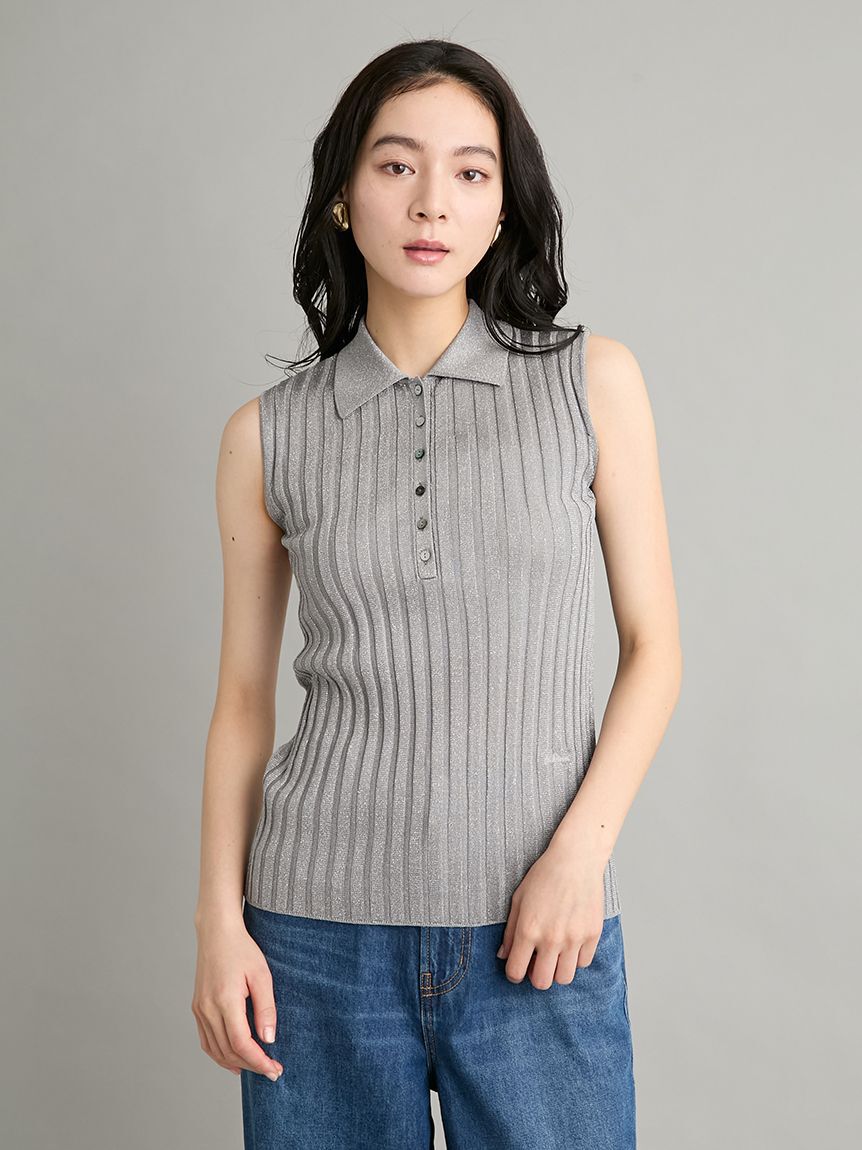 Mila Owen「【ウォッシャブル】シアーラメノースリポロニットプルオーバー」|ポロシャツ|