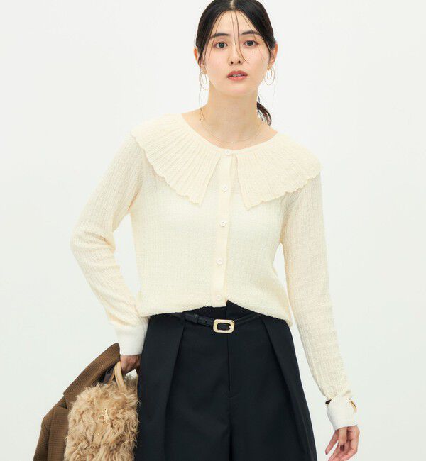 Rie Miller「《手洗い可能》柄編みフリルカラーカーディガン」|カーディガン|エクリュ