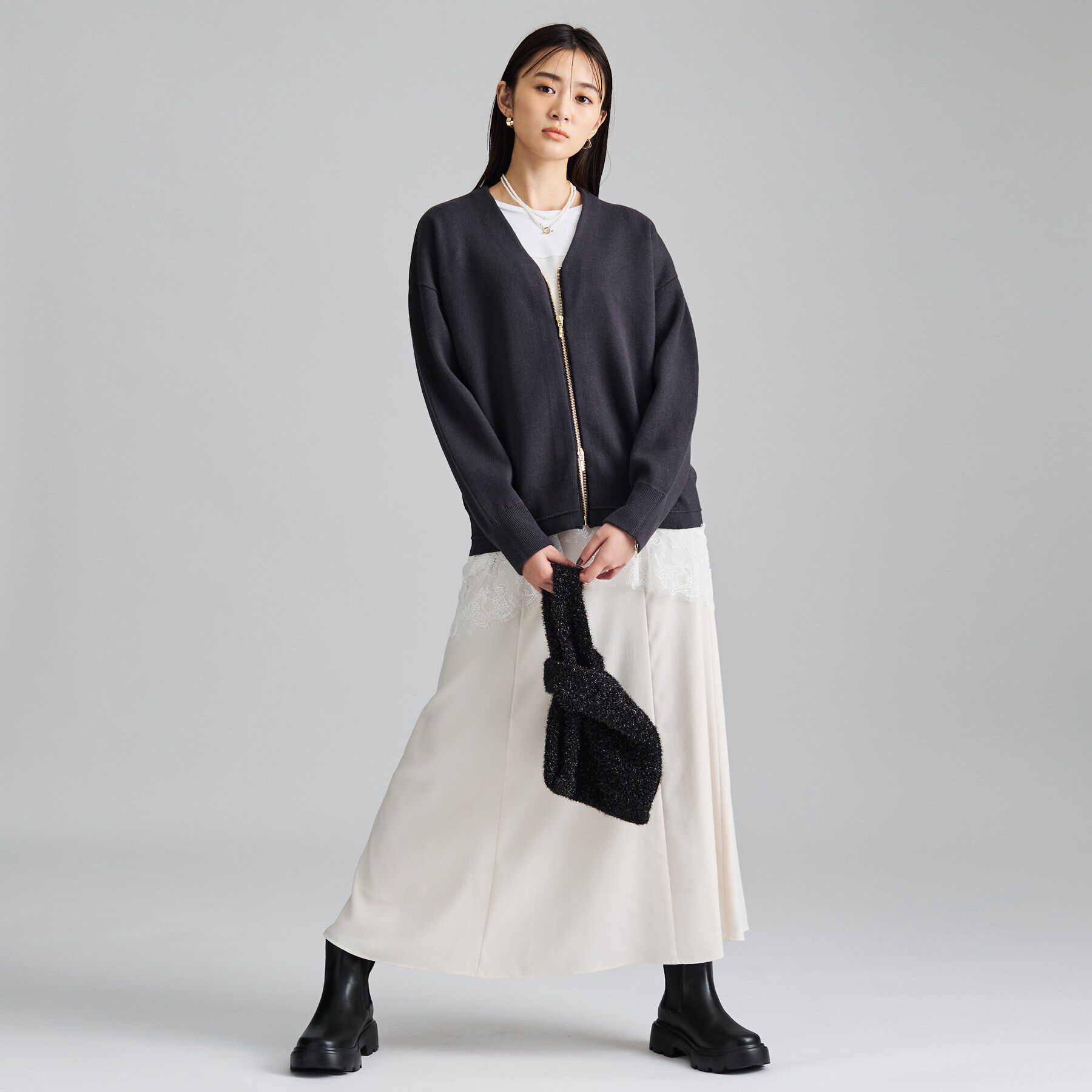 INDIVI「【ミラノリブ編み】ジップニットブルゾン」|カーディガン|