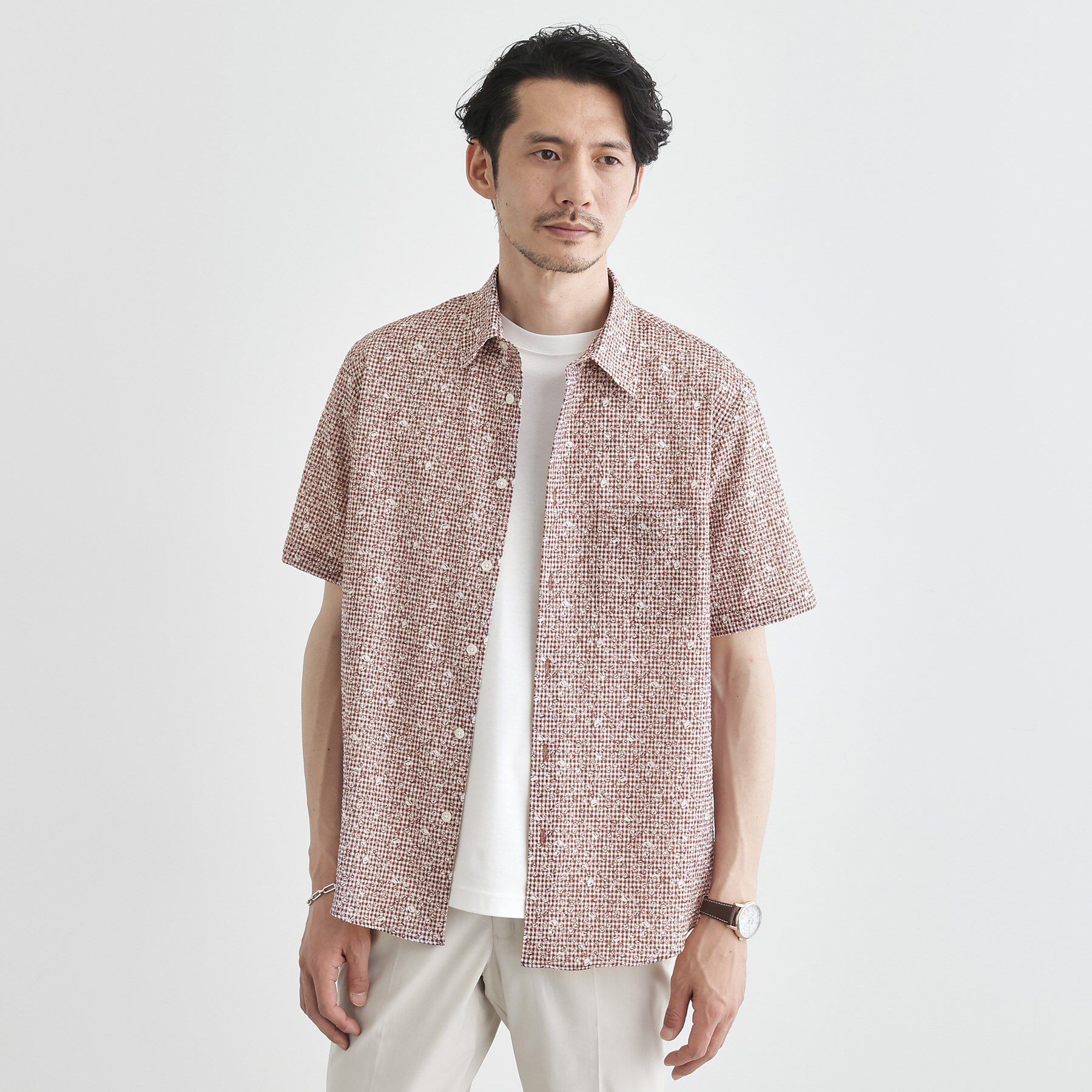 TAKEO KIKUCHI「【無地・チェック・ボタニカル柄】リップル シャツ」|シャツ・ブラウス|レッド・ギンガム小花