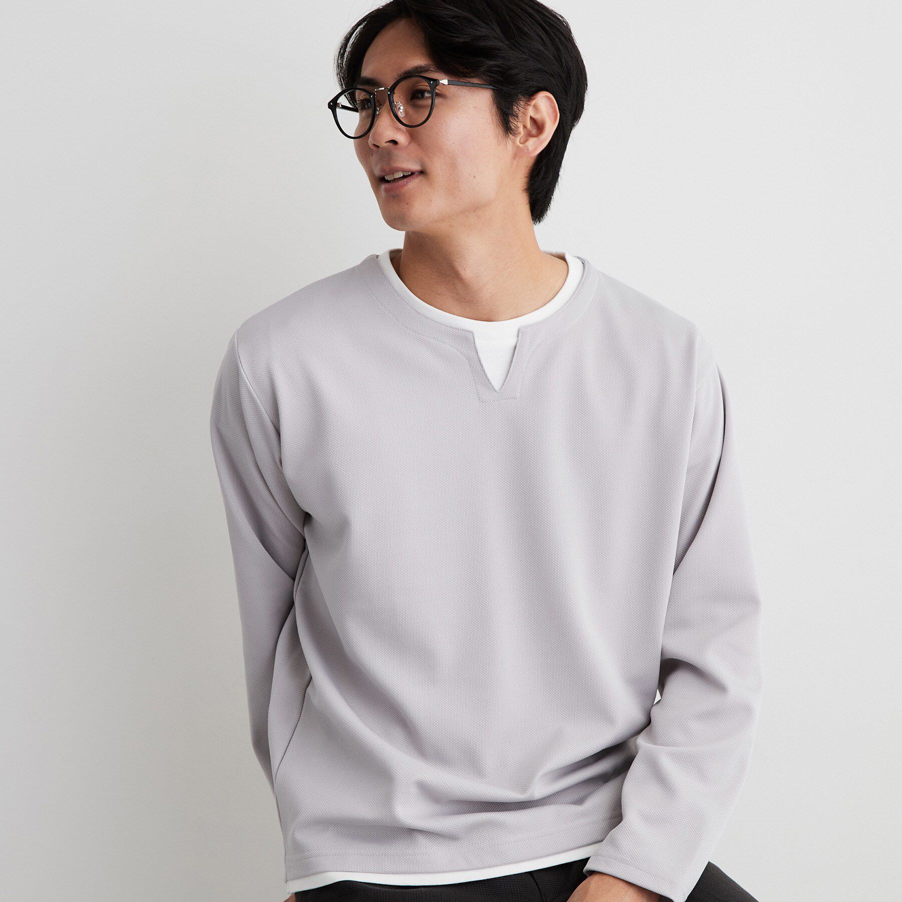 THE SHOP TK「【洗濯機OK】カノコキーネック レイヤード長袖Tシャツ」|Tシャツ・カットソー|ライトグレー(011