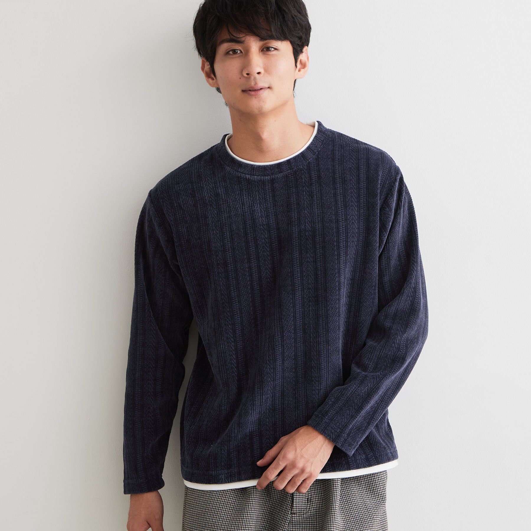THE SHOP TK「【洗濯機OK】レイヤードモールニットTシャツ」|Tシャツ・カットソー|ネイビー(094)