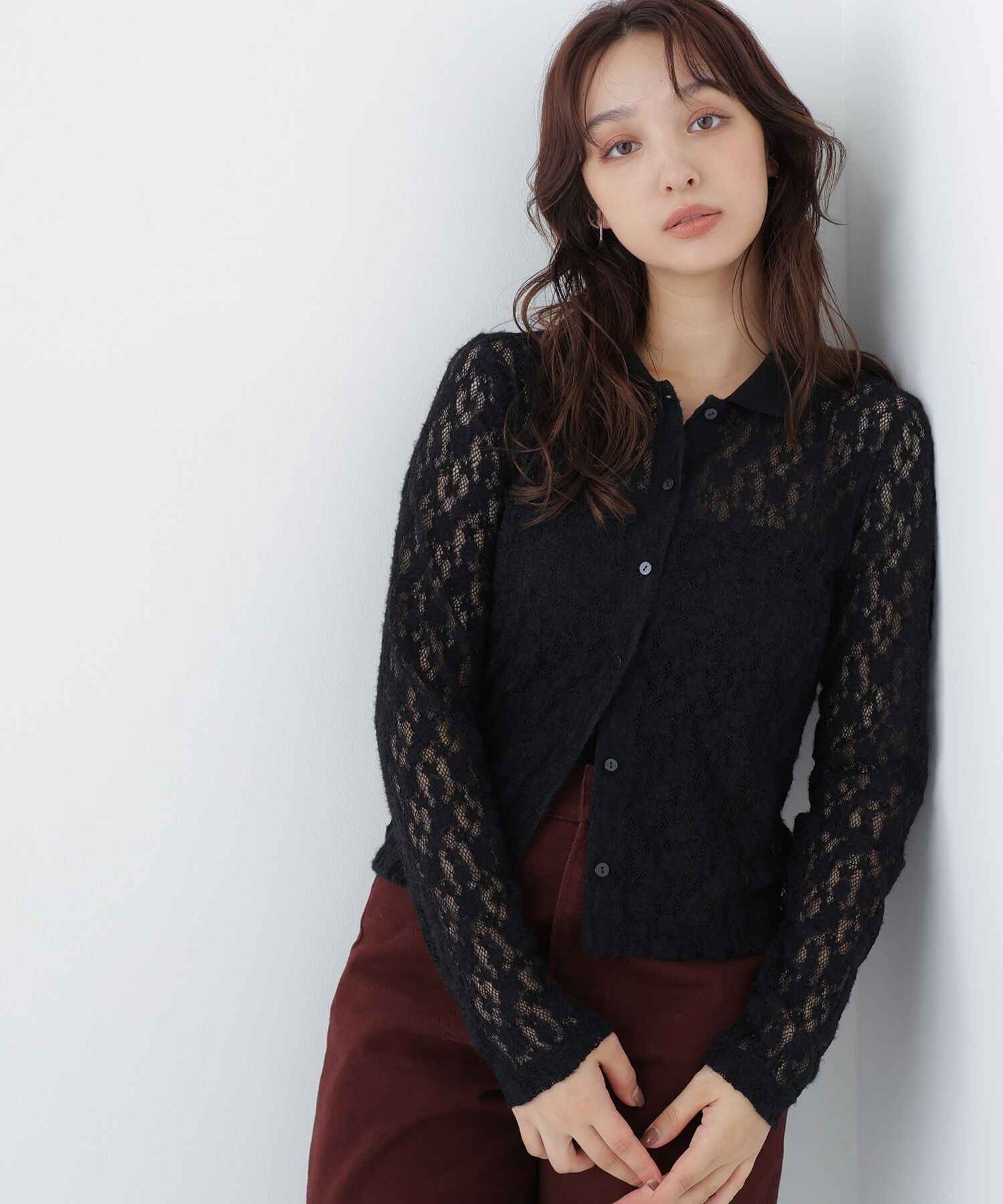  「＜CanCam.jp掲載＞シャツカラー起毛レースカットソー」|Tシャツ・カットソー|ブラック