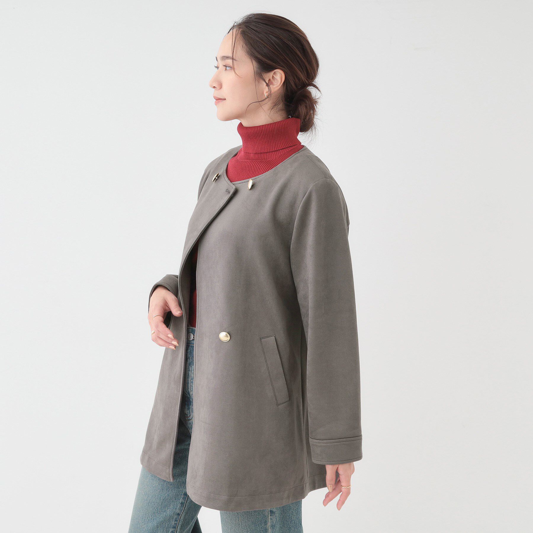 SHOO･LA･RUE「【S-LL】上品さを纏う やわらかフェイクスエード ミドル丈ブルゾン」|ブルゾン・スタジャン|