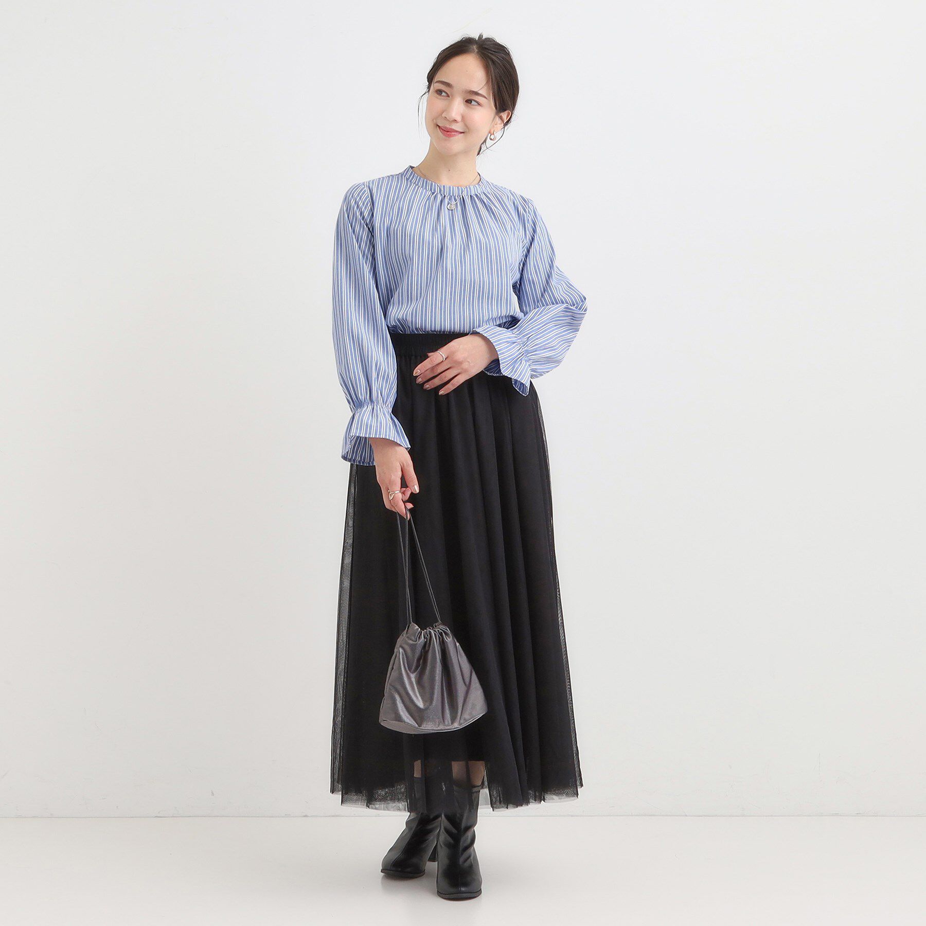 SHOO･LA･RUE「【S-LL】キャンディースリーブが女性らしい マルチストライプブラウス」|シャツ・ブラウス|