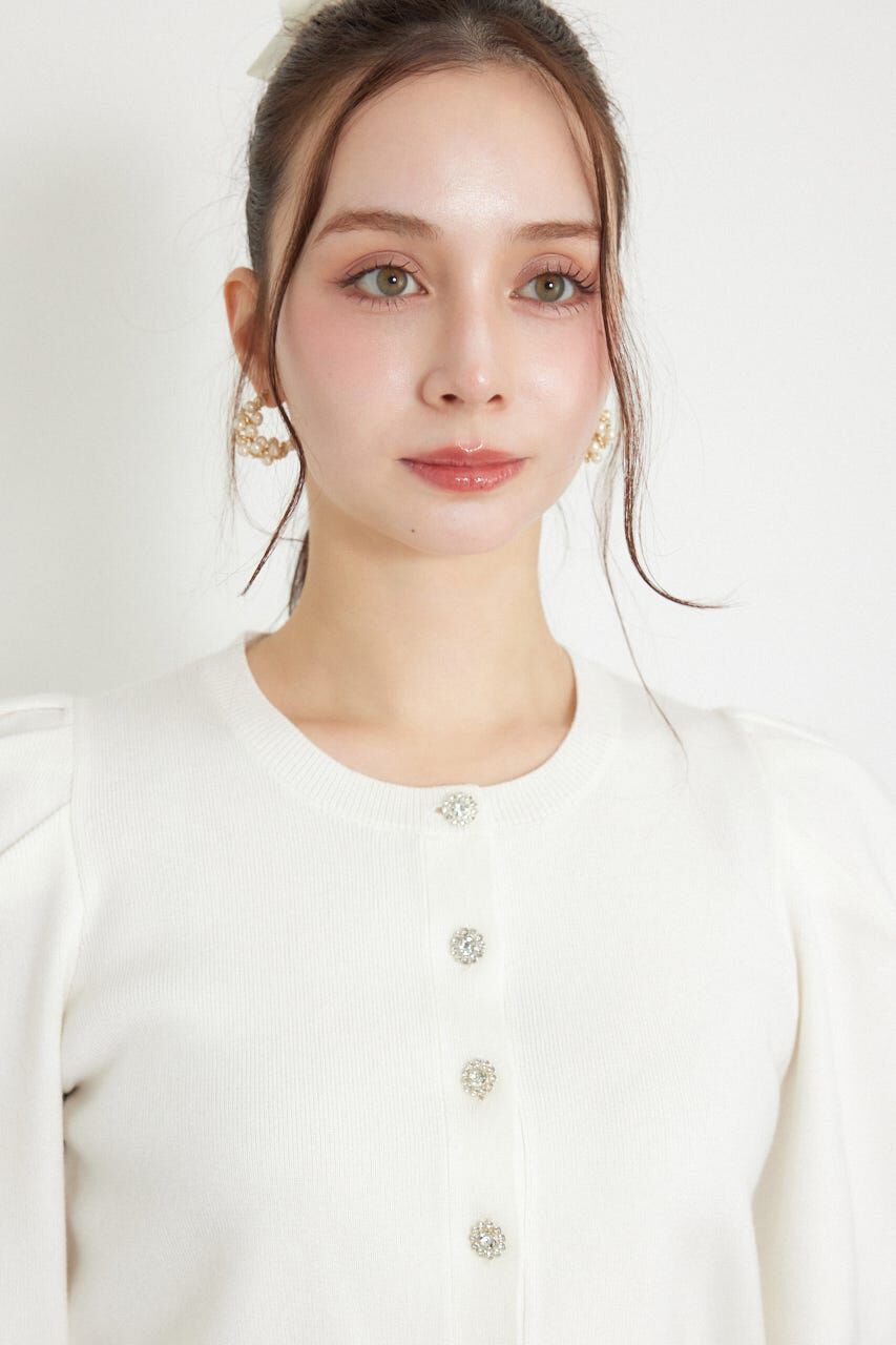 rienda「ビジューボタンパフショルダーニットカーディガントップス」|Tシャツ・カットソー|